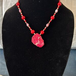 Bold Red Pendant Necklace with Beaded Chain